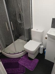 a bathroom with a shower and a toilet and purple rug at Ridgeways Premium House in Bristol +43 photos