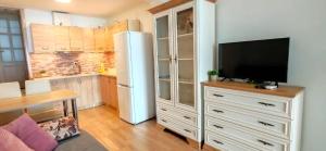 a kitchen with a large white refrigerator and a tv at Boka Apartments in Tivat