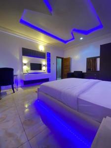 a bedroom with a large bed with blue lighting at D-SHA Apartments in Aja