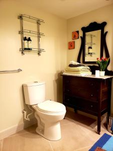 a bathroom with a toilet and a dresser and a mirror at Cozy Sanctuary in Saltspring Island