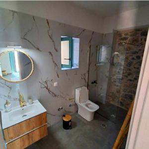 a bathroom with a toilet and a sink and a mirror at Ελαιόλιθοι Μάνη Villas in Oitylo