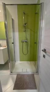 a shower in a bathroom with green tile at Casa Grandi in Ca Tiepolo +13 photos