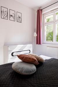 a bedroom with a bed with a pillow and a window at Świętego Mikołaja 14 Centrum in Głogów