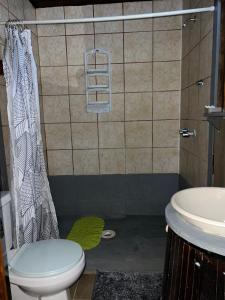 a bathroom with a toilet and a shower and a sink at LOTO'S House in West End