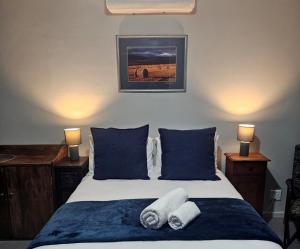a bedroom with a bed with blue sheets and pillows at Tarrentoela garden flatlet in Kathu