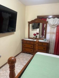a bedroom with a dresser and a mirror and a bed at Driftwood Suite in Runaway Bay