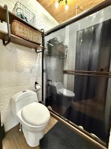 a bathroom with a toilet and a shower and a sink at Tropical Escape Domes in Guápiles +25 photos