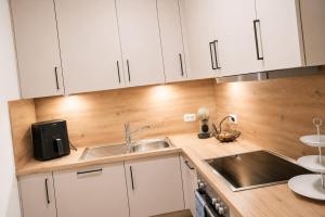a kitchen with white cabinets and a sink at ILA vacation home Memmingen in Memmingen +8 photos