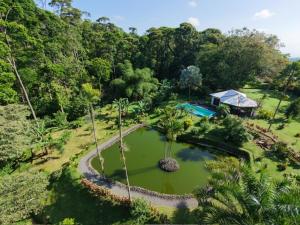 an aerial view of a garden with a house and a pond at Siquirres Mountain Lodge in Siquirres