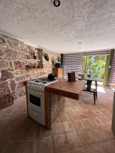 a kitchen with a stove and a stone wall at Jardin Quinta las Fuentes in Santo Tomás Chautla
