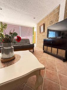 a living room with a couch and a fireplace at Jardin Quinta las Fuentes in Santo Tomás Chautla