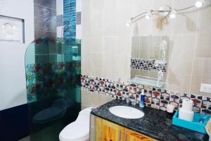 a bathroom with a sink and a toilet and a mirror at villa los recuerdos in Jarabacoa