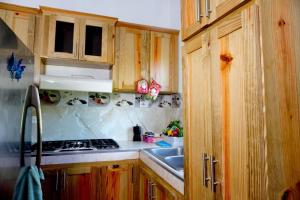 a small kitchen with wooden cabinets and a sink at villa los recuerdos in Jarabacoa