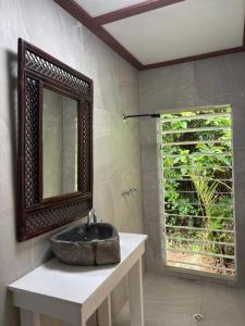 a bathroom with a stone sink and a mirror at Coconut Beach House & Cottages in Cape Tribulation