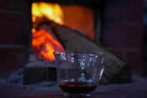 a glass of wine sitting in front of a fireplace at Etrita Inkas Hostel in Sahuayacu