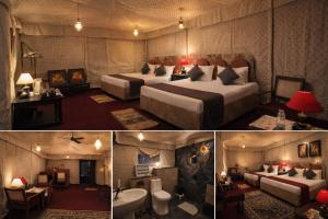 two pictures of a hotel room with two beds at The Stone Hamlet Retreat in Barkot