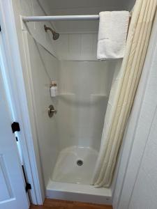 a bathroom with a shower with a tub and a shower curtain at Tiny Yellowstone Riverside Cabin in Gardiner
