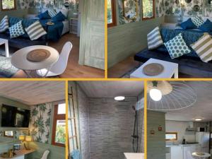 a collage of four pictures of a living room at Chalet clim, TV - 2 pers. - API-1-52-2795 in Noves