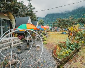 a garden with a bunch of umbrellas and plants at Catur Glamping Bedugul in Bedugul