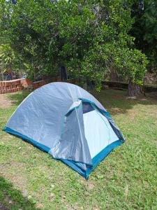 a blue tent sitting on the grass in a field at Ecocamping oasis in San Francisco