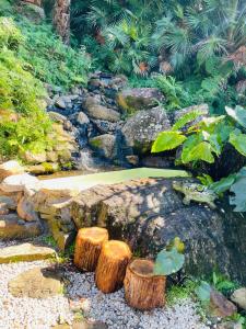 a garden with three logs and a creek at Mackerel Beach Wellness Lodge in Great Mackerel Beach