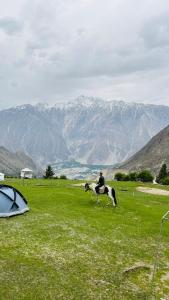 a man riding a horse in a field with a tent at Minapin Nagar Tourist Lodge in Minapin