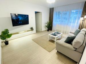a living room with a couch and a table and a tv at MBZ Apartments #1 - 1 Bedroom, Private Parking & Air Conditioning in Roman
