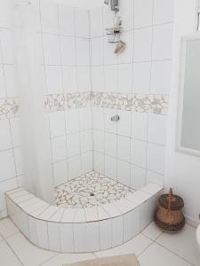 a bathroom with a shower with white tiles at Evie Cottage in Bioche