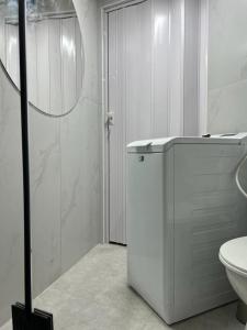 a white bathroom with a toilet and a shower at A corner by the sea in Ashdod
