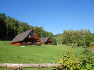 a log cabin in the middle of a field at Eko Bajka - całoroczne domki w górach in Lubawka