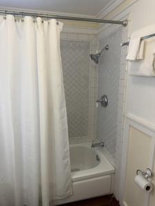 a bathroom with a tub and a shower curtain at Near the Slopes - Big Bear Mountain getaway in Big Bear Lake +20 photos