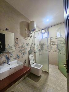 a bathroom with a sink and a toilet and a shower at Voyager stone cottage in Bhīm Tāl