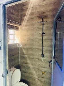 ein Badezimmer mit Toilette und einer Holzwand in der Unterkunft Double Homes in Agege