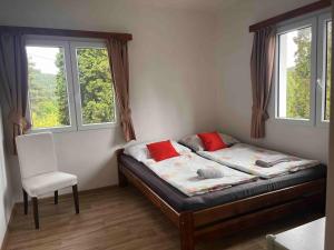 a bed in a room with a chair and two windows at Penzion Cholín in Nový Knín