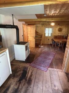 a kitchen with a stove in a room with a table at HeinrichH in Teuchl