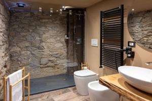 a bathroom with a shower and a toilet and a sink at Little Chariot in Monastero di Lanzo +18 photos