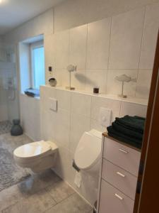 a white bathroom with a toilet and a sink at Monteurwohnung,Ferienwohnung in Lüdenscheid