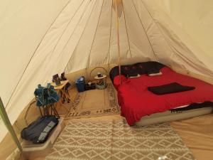 a bedroom with a bed in a tent at Maisie's Campsite in Bideford