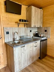 a kitchen with wooden cabinets and a sink and a tv at Siedlisko Wataha 721-140-600 in Wołkowyja +48 photos