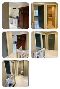a series of four pictures of different doors in a kitchen at Private attic room with workspace & water view in Haarlem