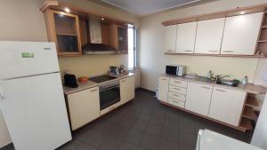 a kitchen with white cabinets and a white refrigerator at Mesta Room in Gotse Delchev
