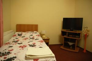 a bedroom with a bed and a flat screen tv at Motel Orgován in Moldava nad Bodvou
