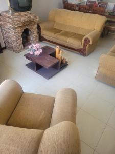 a living room with two couches and a fireplace at La Casa del Turista Riobamba in Riobamba