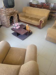a living room with two couches and a fireplace at La Casa del Turista Riobamba in Riobamba