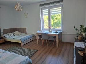 a bedroom with a desk and a bed and a window at Apartament VERDE Malbork centrum in Malbork