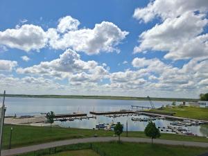 a view of a lake with a dock at Ferienwohnung Strandblick in Großräschen