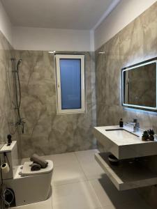 a bathroom with a sink and a toilet and a mirror at Villa Thalassa Lal'Andrea in Dhërmi +47 photos