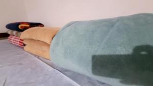 a bed with a green blanket on top of it at Casa Benta in Aparecida