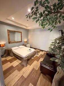 a bedroom with a bed and a potted plant at Topinn Hotel in Ban Lat Krachaeng