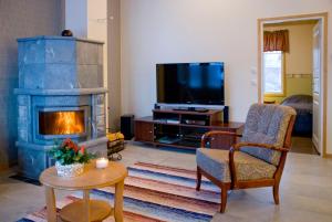a living room with a fireplace and a television at VILLA PUUSTILA (6 mh) in Tahkovuori